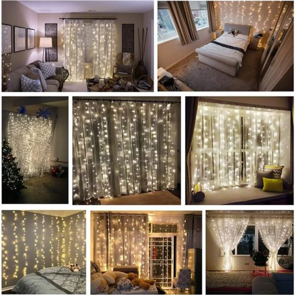 300 LED Curtain String Lights Warm White Fairy Twinkle Window Wall Decor